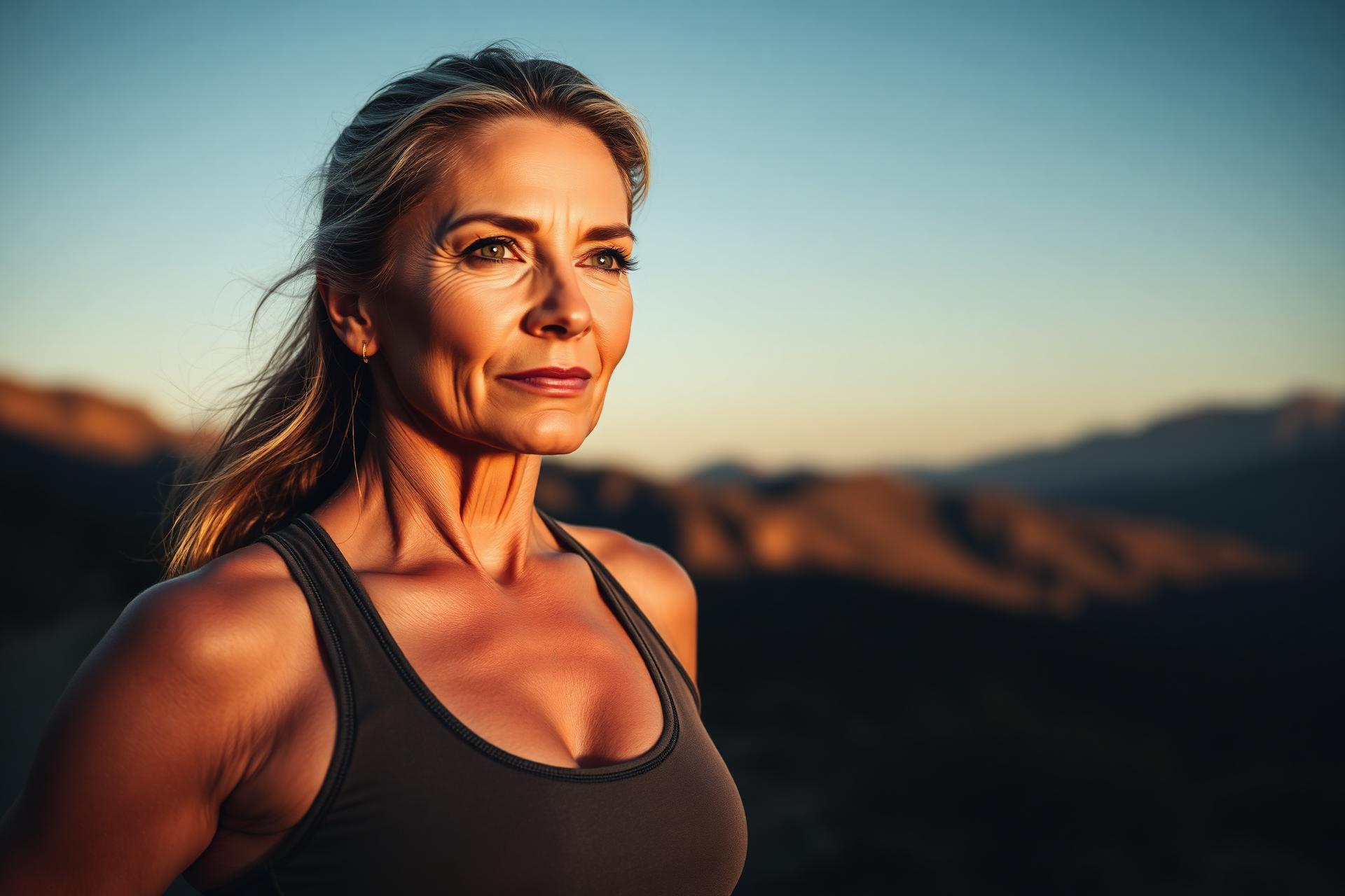 Confident woman in her 40s at sunset
